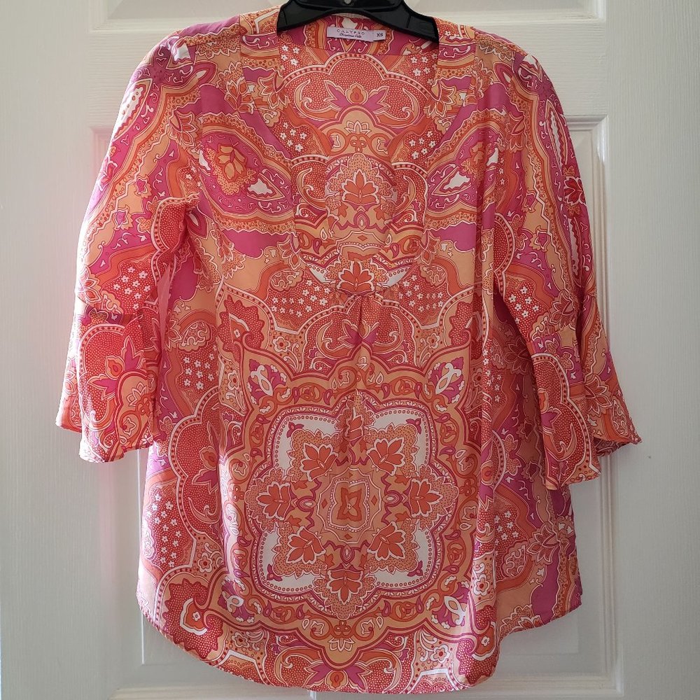 Calypso St. Barth Orange, White, and Fuschia Paisley Silk Blouse